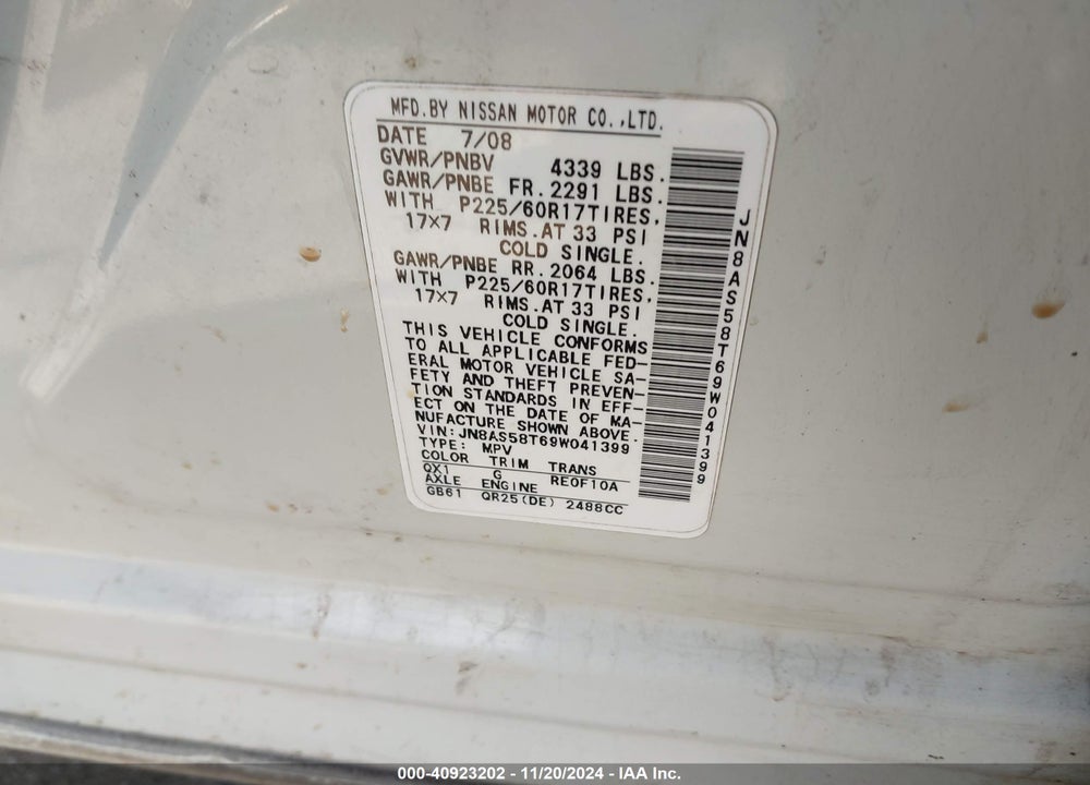 2009 NISSAN ROGUE SL VIN: JN8AS58T69W041399