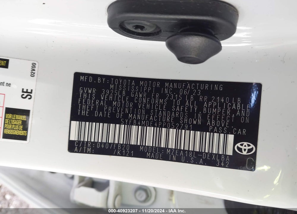 2023 TOYOTA COROLLA LE VIN: 5YFB4MDE4PP052791