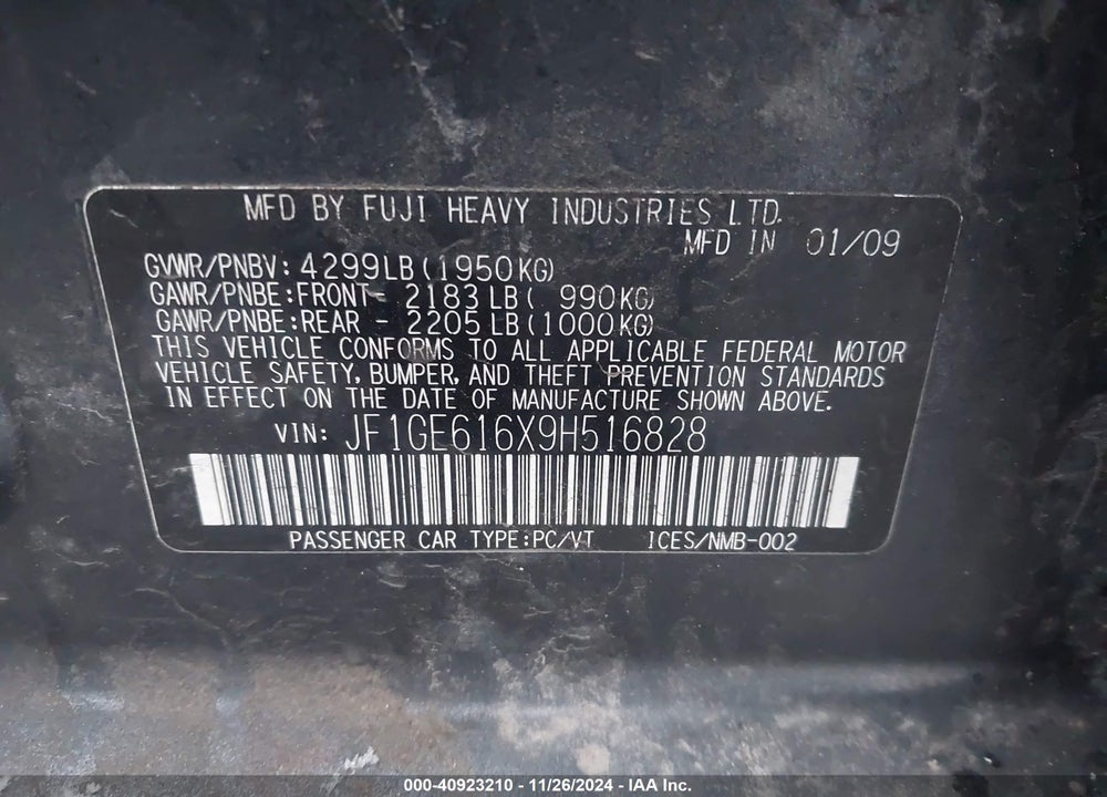 2009 SUBARU IMPREZA 2.5I VIN: JF1GE616X9H516828