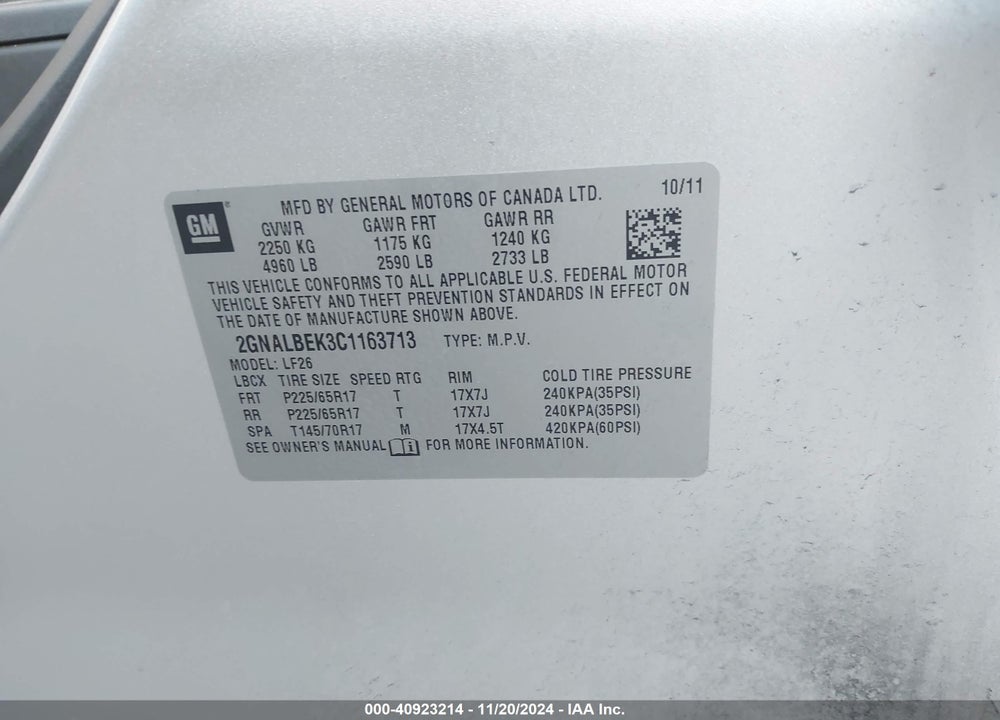2012 CHEVROLET EQUINOX LS VIN: 2GNALBEK3C1163713