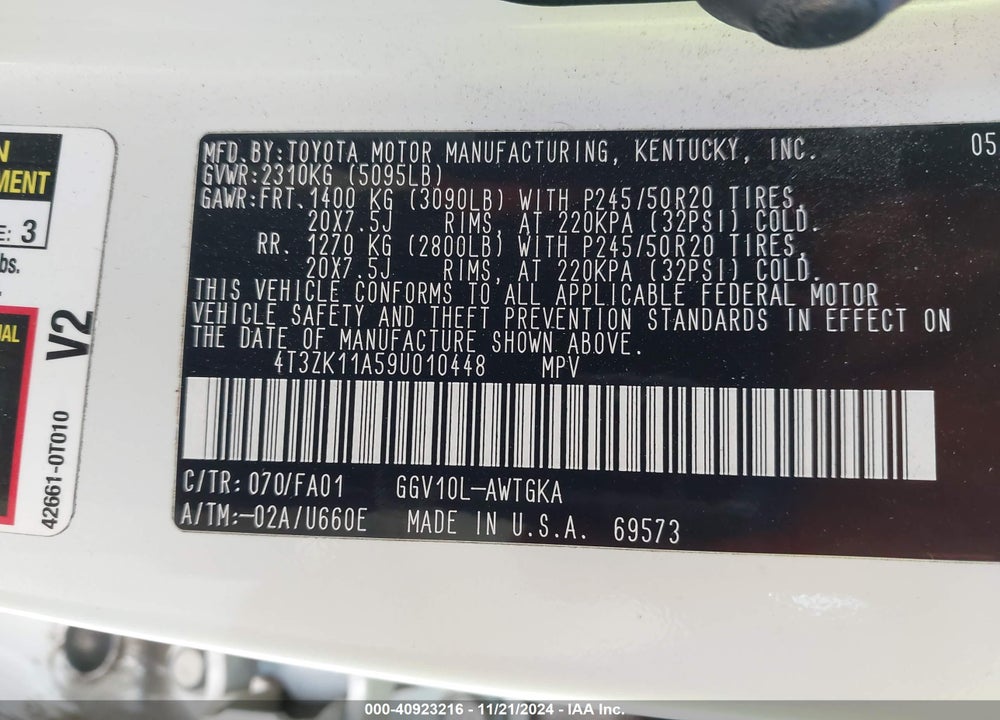 2009 TOYOTA VENZA BASE V6 VIN: 4T3ZK11A59U010448
