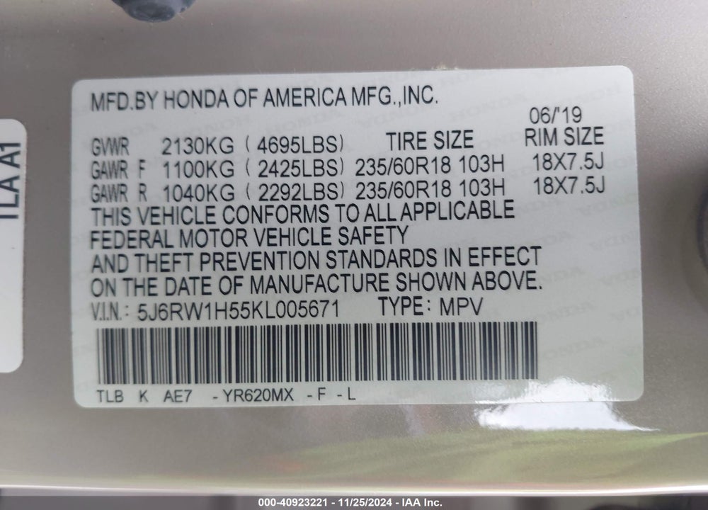 2019 HONDA CR-V EX VIN: 5J6RW1H55KL005671