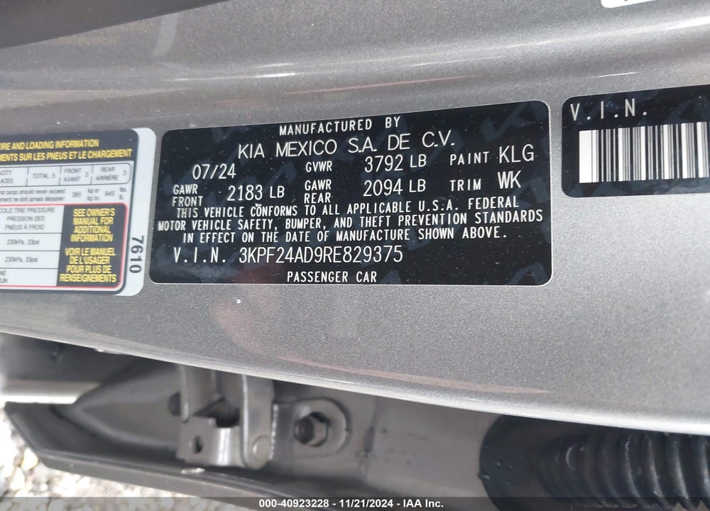 2024 KIA FORTE LXS VIN: 3KPF24AD9RE829375