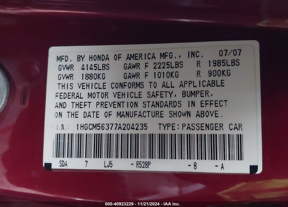 2007 HONDA ACCORD 2.4 SE VIN: 1HGCM56377A204235