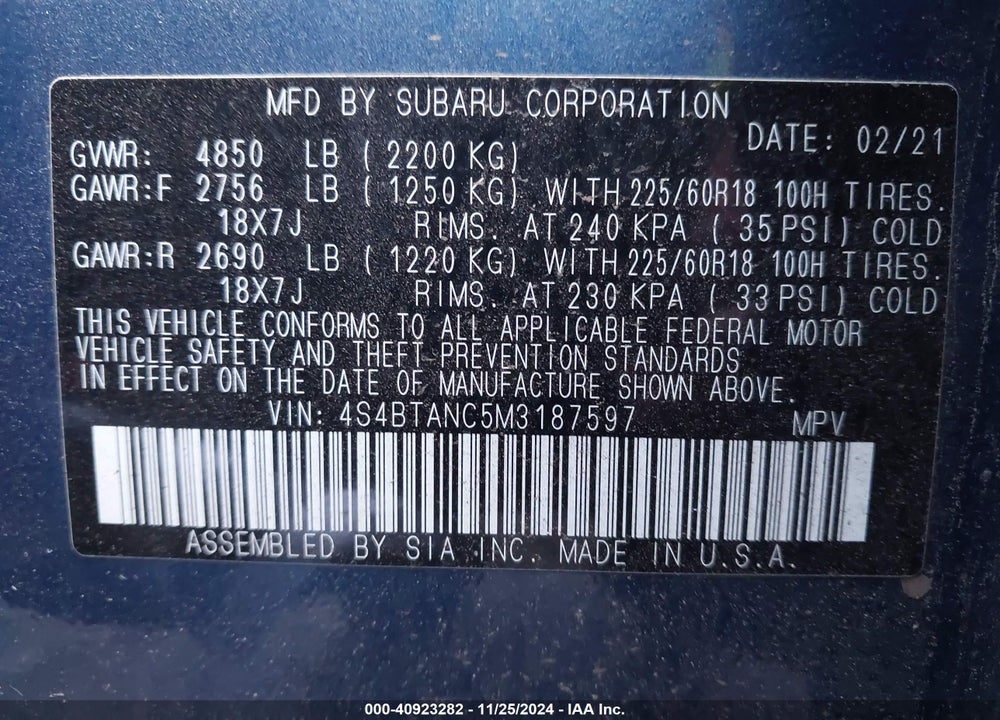 2021 SUBARU OUTBACK LIMITED VIN: 4S4BTANC5M3187597