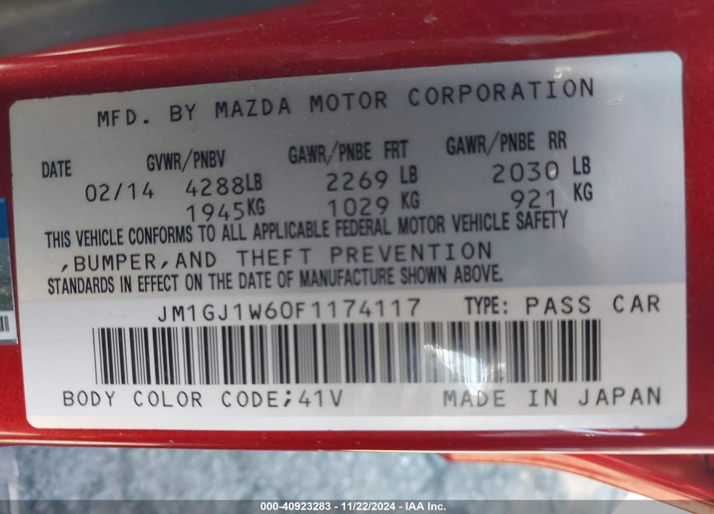 2015 MAZDA 6 VIN: JM1GJ1W60F1174117