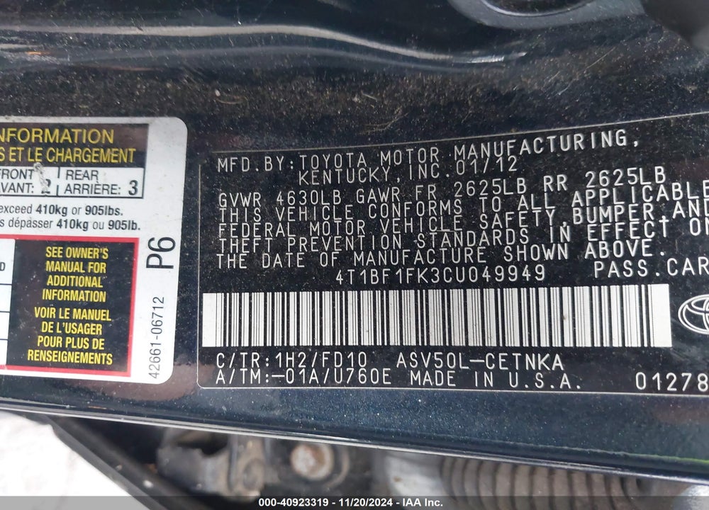 2012 TOYOTA CAMRY LE VIN: 4T1BF1FK3CU049949