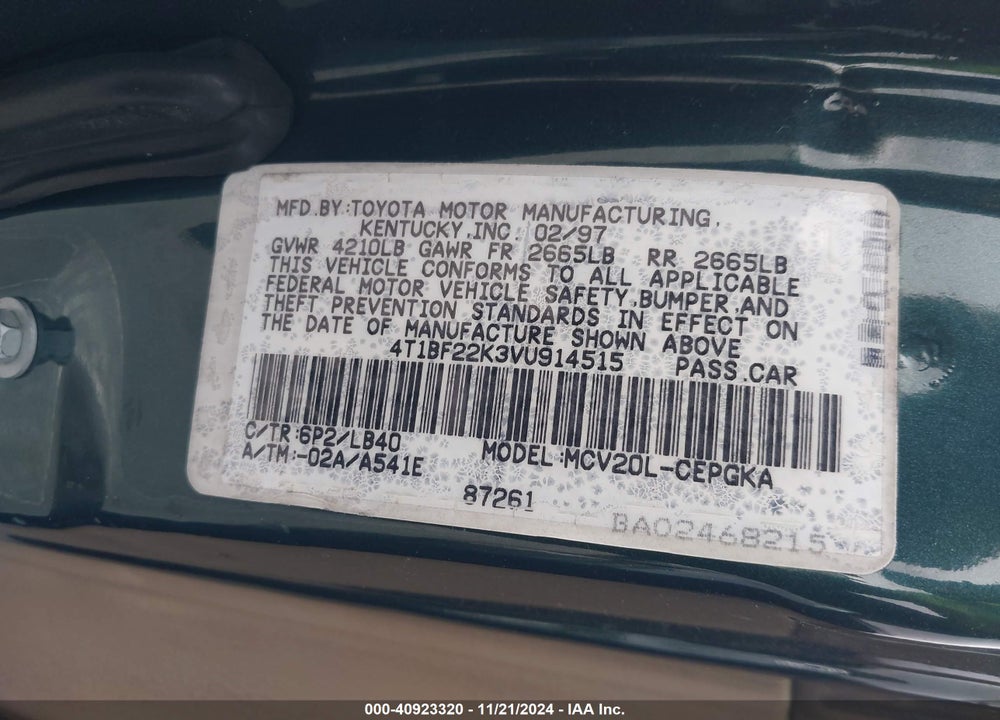 1997 TOYOTA CAMRY XLE V6 VIN: 4T1BF22K3VU914515