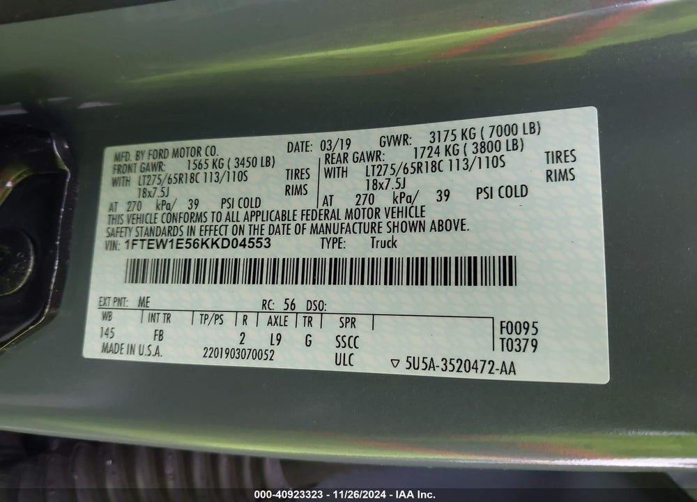 2019 FORD F-150 XLT VIN: 1FTEW1E56KKD04553