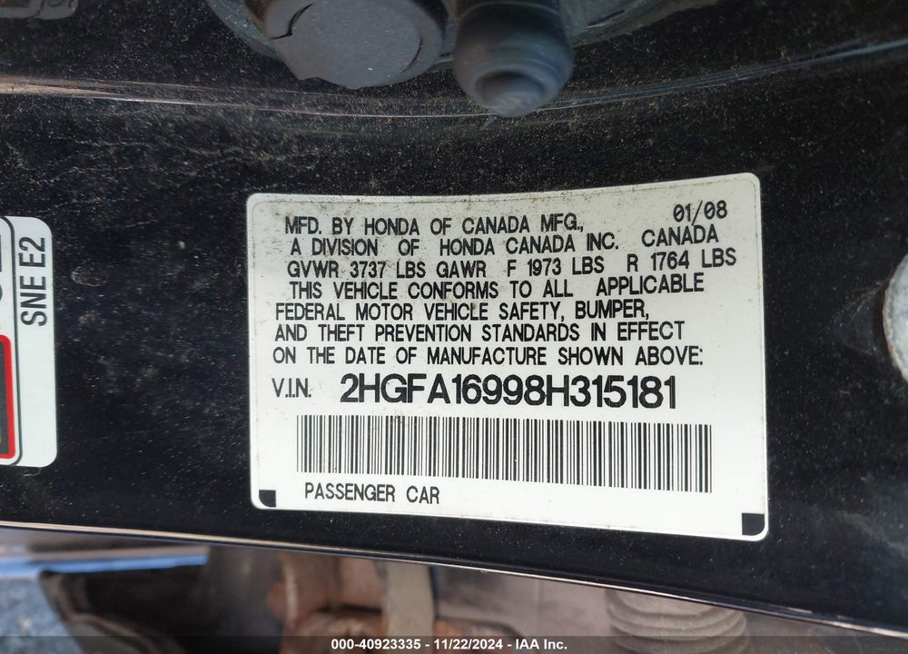 2008 HONDA CIVIC EX-L VIN: 2HGFA16998H315181