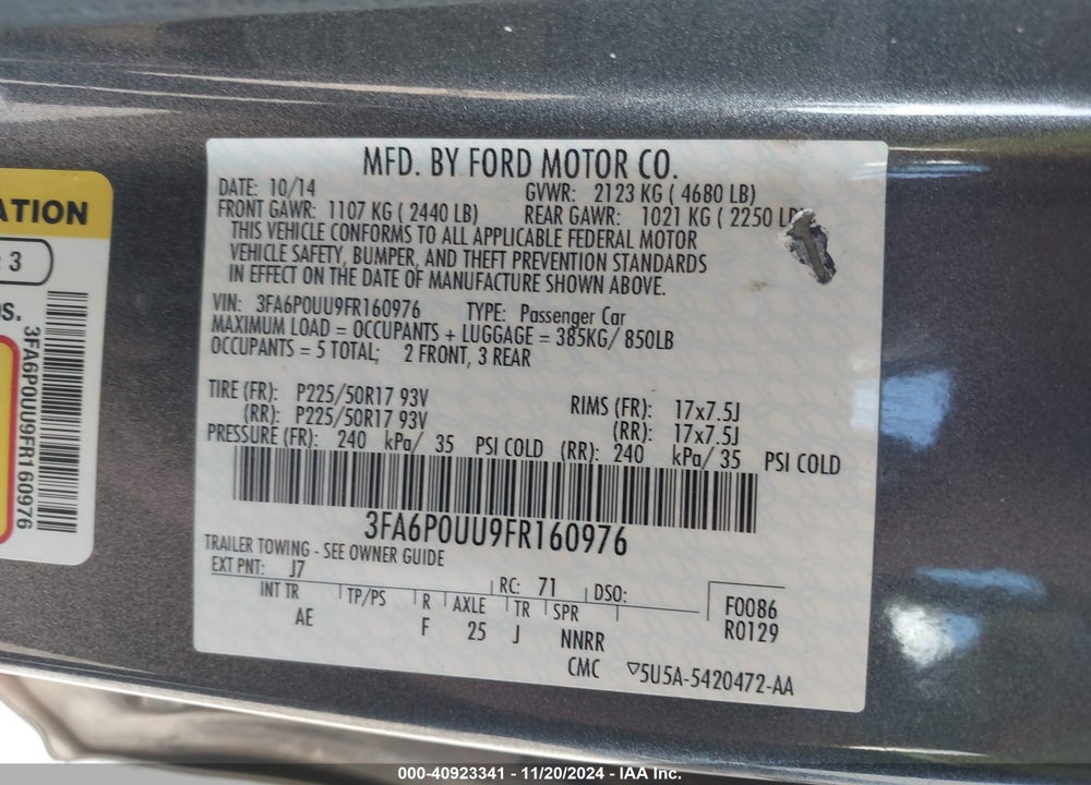 2015 FORD FUSION HYBRID S VIN: 3FA6P0UU9FR160976
