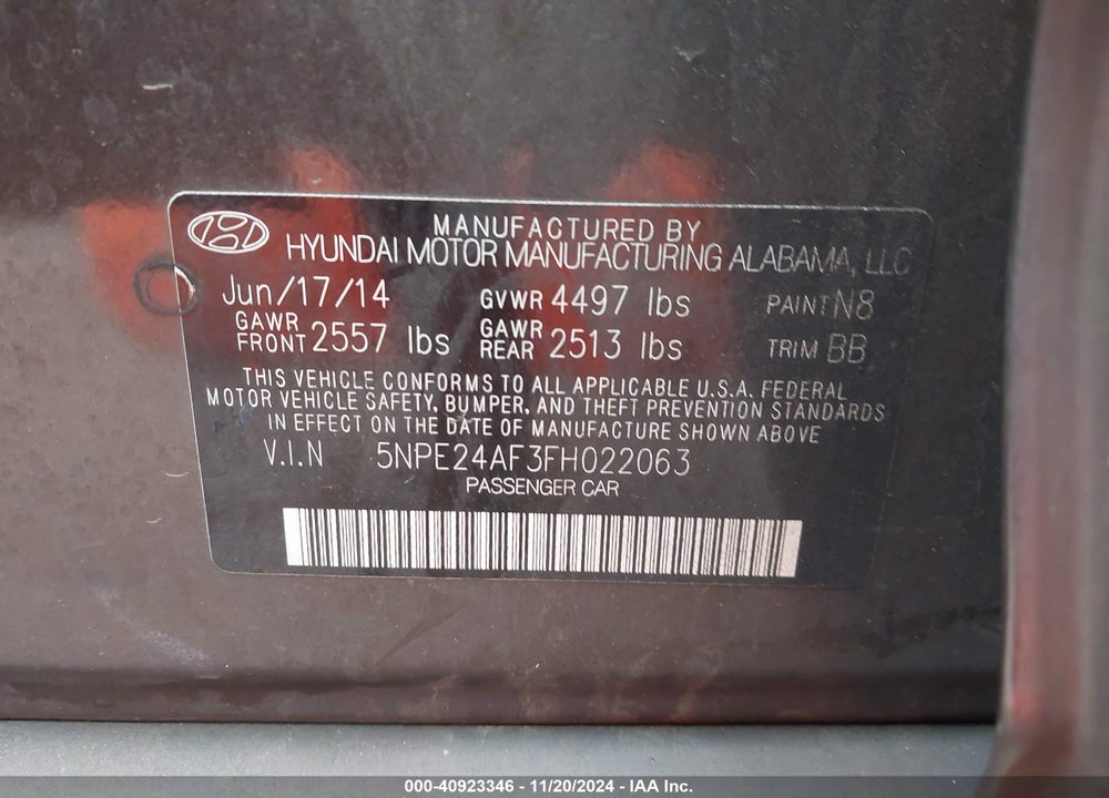 2015 HYUNDAI SONATA SE VIN: 5NPE24AF3FH022063