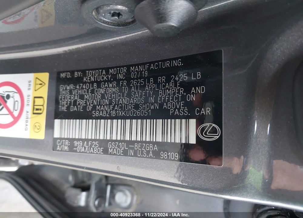 2019 LEXUS ES 350 F-SPORT VIN: 58ABZ1B1XKU026051