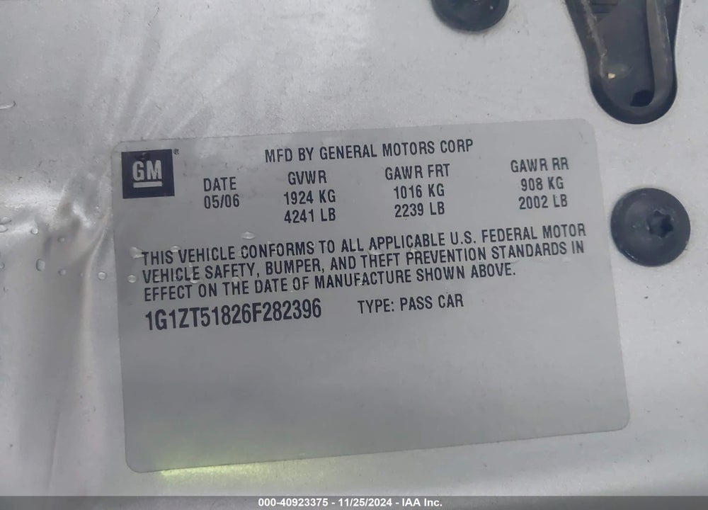 2006 CHEVROLET MALIBU LT VIN: 1G1ZT51826F282396