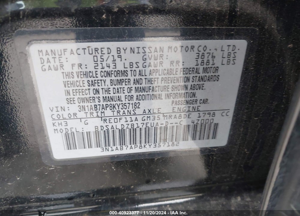 2019 NISSAN SENTRA SV VIN: 3N1AB7AP8KY357182