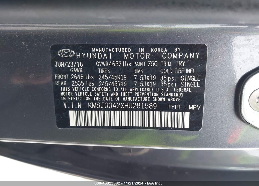 2017 HYUNDAI TUCSON SPORT VIN: KM8J33A2XHU281589