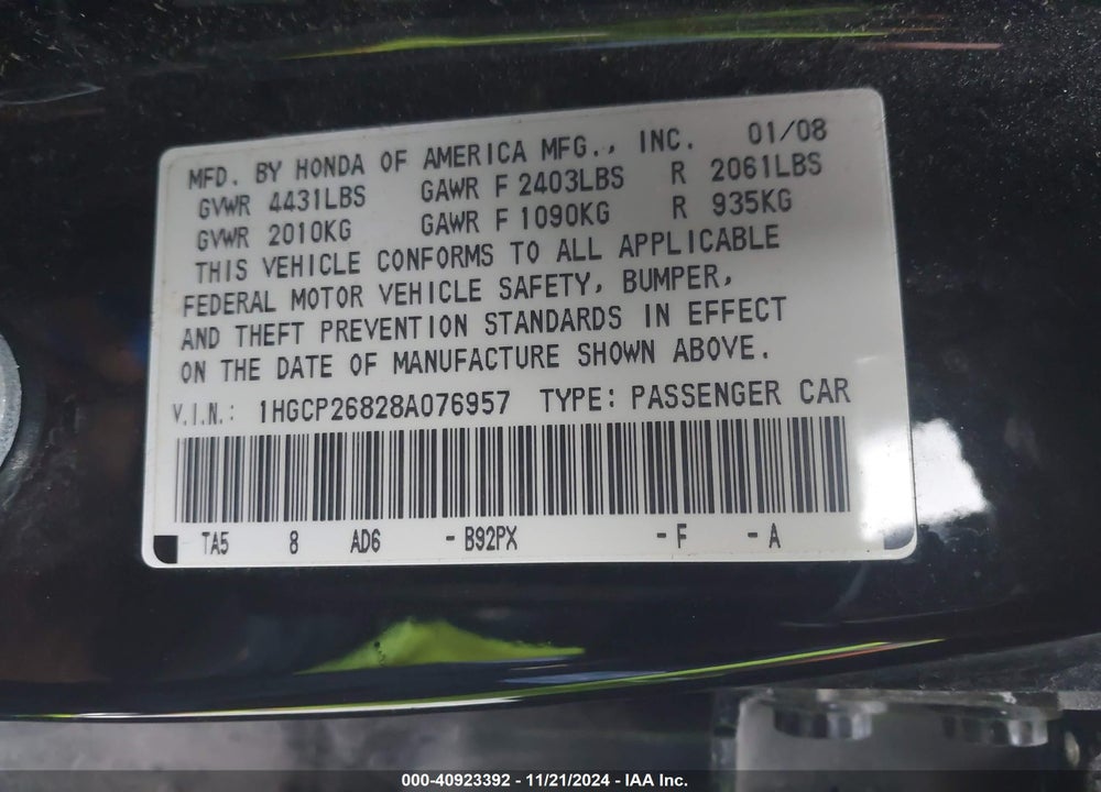 2008 HONDA ACCORD 2.4 EX-L VIN: 1HGCP26828A076957