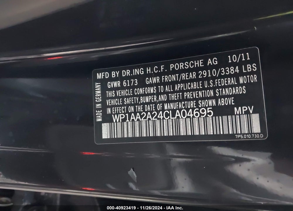 2012 PORSCHE CAYENNE VIN: WP1AA2A24CLA04695