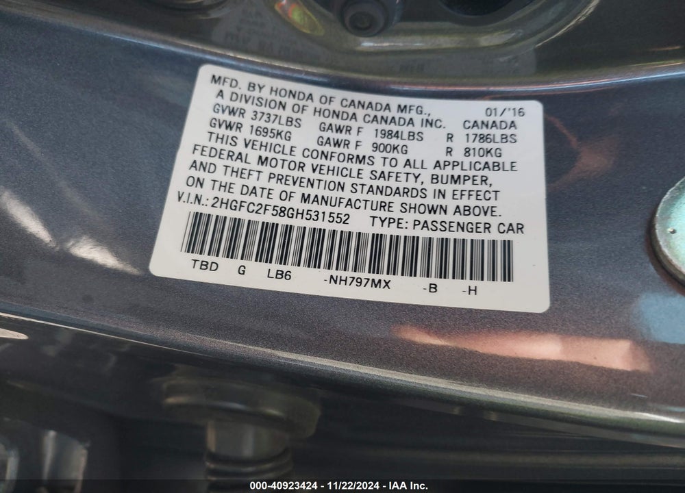 2016 HONDA CIVIC LX VIN: 2HGFC2F58GH531552