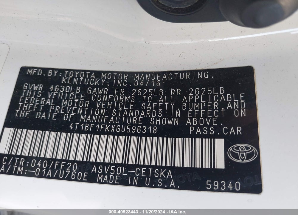 2016 TOYOTA CAMRY VIN: 4T1BF1FKXGU596318