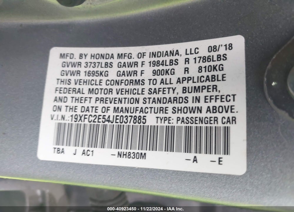 2018 HONDA CIVIC LX VIN: 19XFC2E54JE037885