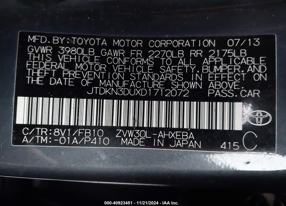 2013 TOYOTA PRIUS TWO VIN: JTDKN3DUXD1712072