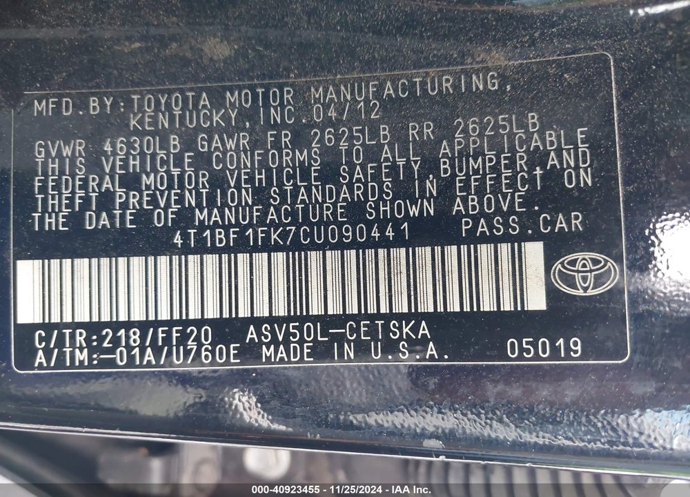 2012 TOYOTA CAMRY SE VIN: 4T1BF1FK7CU090441