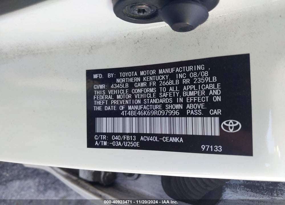 2009 TOYOTA CAMRY LE VIN: 4T4BE46K69R097996