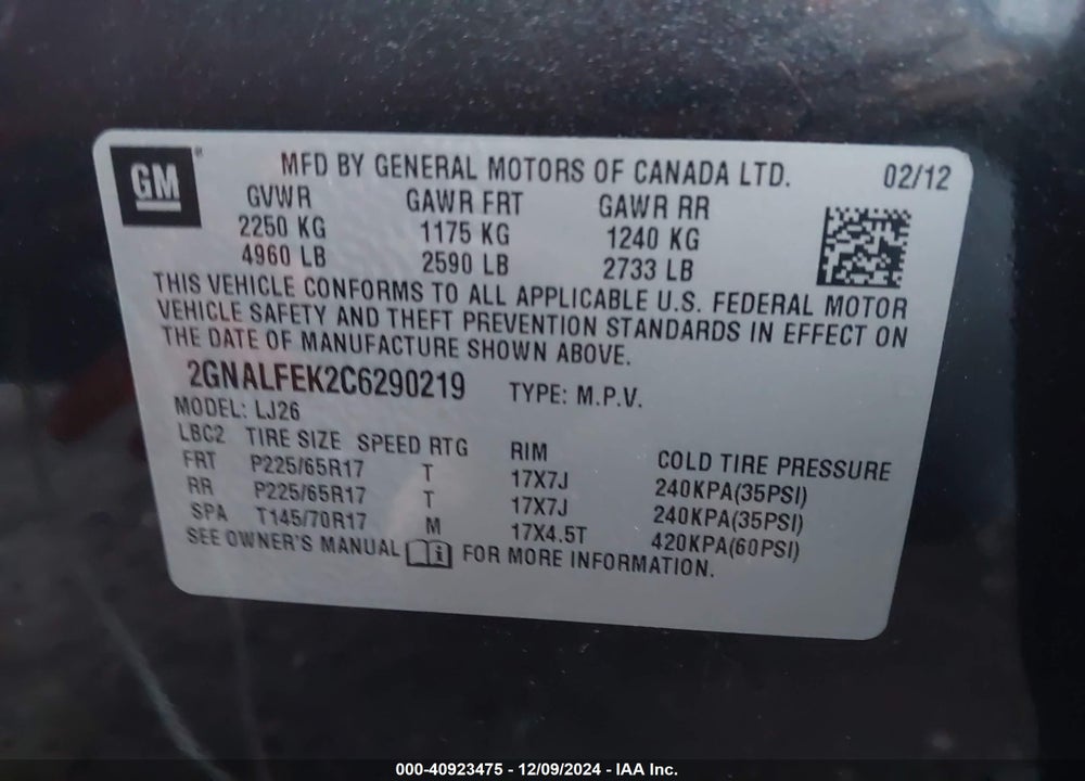 2012 CHEVROLET EQUINOX LTZ VIN: 2GNALFEK2C6290219