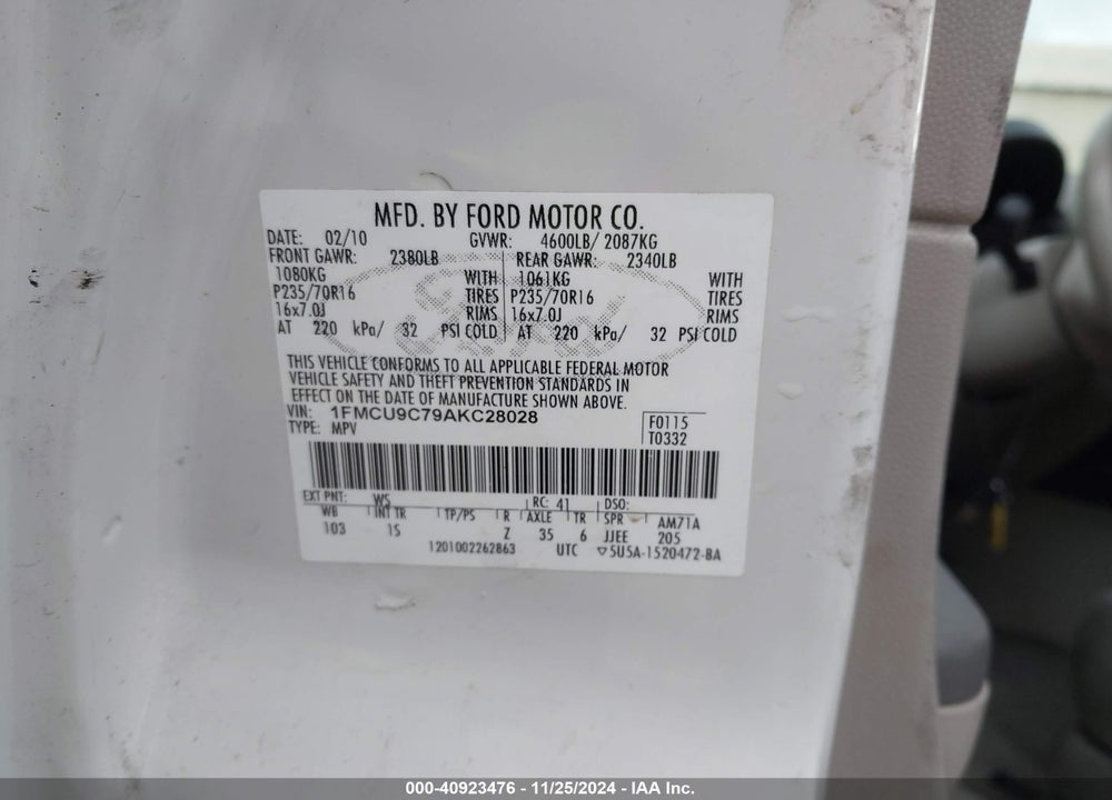 2010 FORD ESCAPE XLS VIN: 1FMCU9C79AKC28028