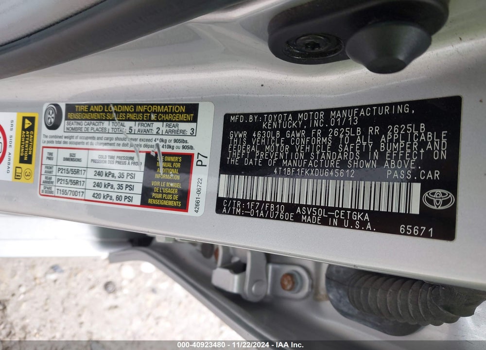 2013 TOYOTA CAMRY XLE VIN: 4T1BF1FKXDU645612