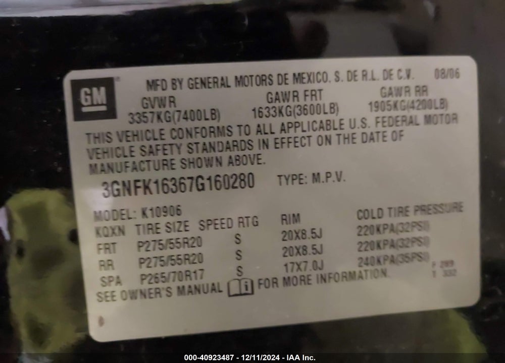 2007 CHEVROLET SUBURBAN 1500 LTZ VIN: 3GNFK16367G160280