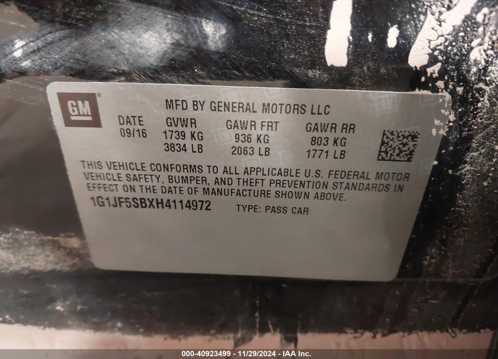 2017 CHEVROLET SONIC VIN: 1G1JF5SBXH4114972