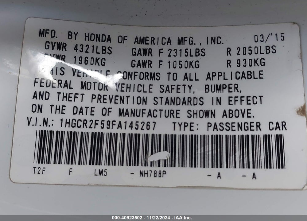 2015 HONDA ACCORD SPORT VIN: 1HGCR2F59FA145267