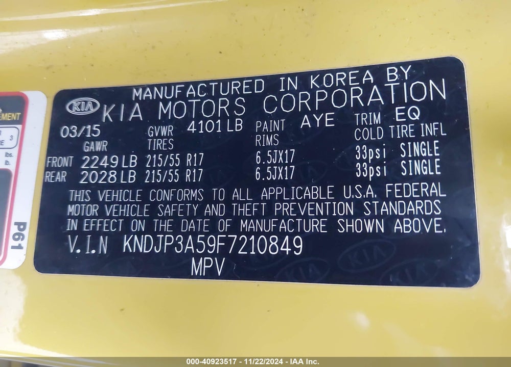2015 KIA SOUL VIN: KNDJP3A59F7210849