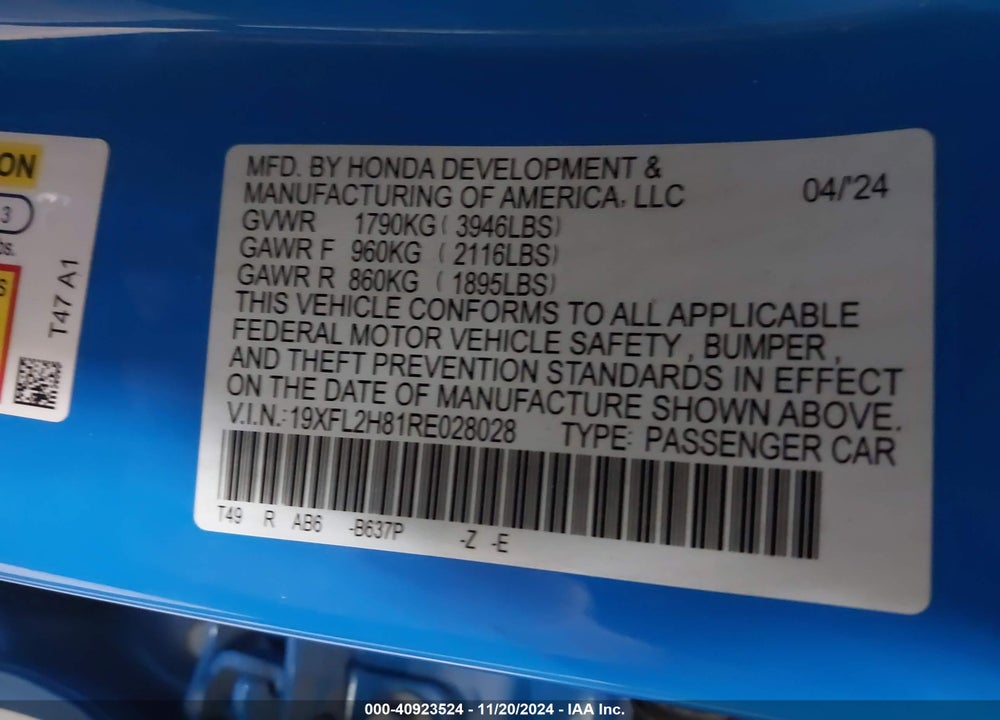 2024 HONDA CIVIC VIN: 19XFL2H81RE028028