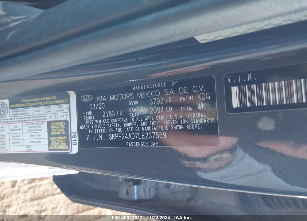2020 KIA FORTE LXS VIN: 3KPF24AD7LE237559