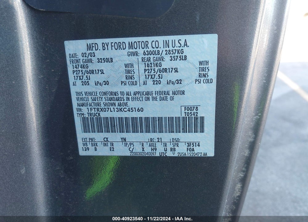 2003 FORD F-150 LARIAT/XL/XLT VIN: 1FTRX07L13KC45160