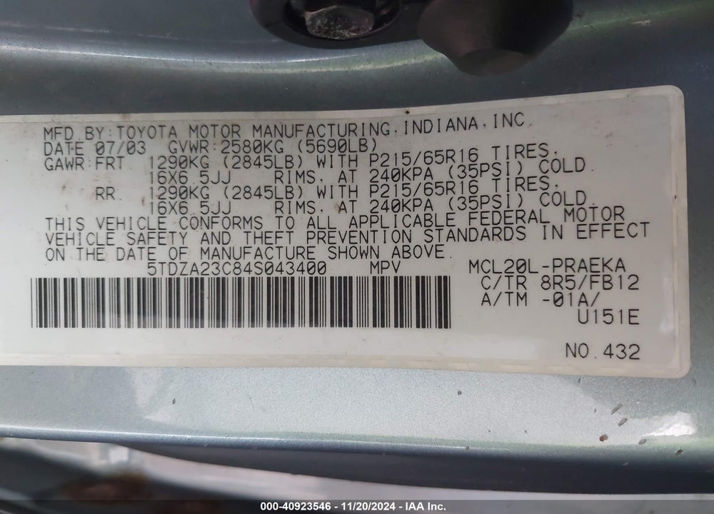 2004 TOYOTA SIENNA LE VIN: 5TDZA23C84S043400