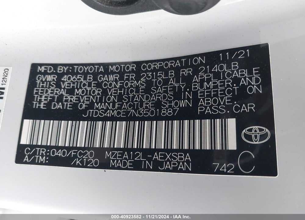 2022 TOYOTA COROLLA SE VIN: JTDS4MCE7N3501887