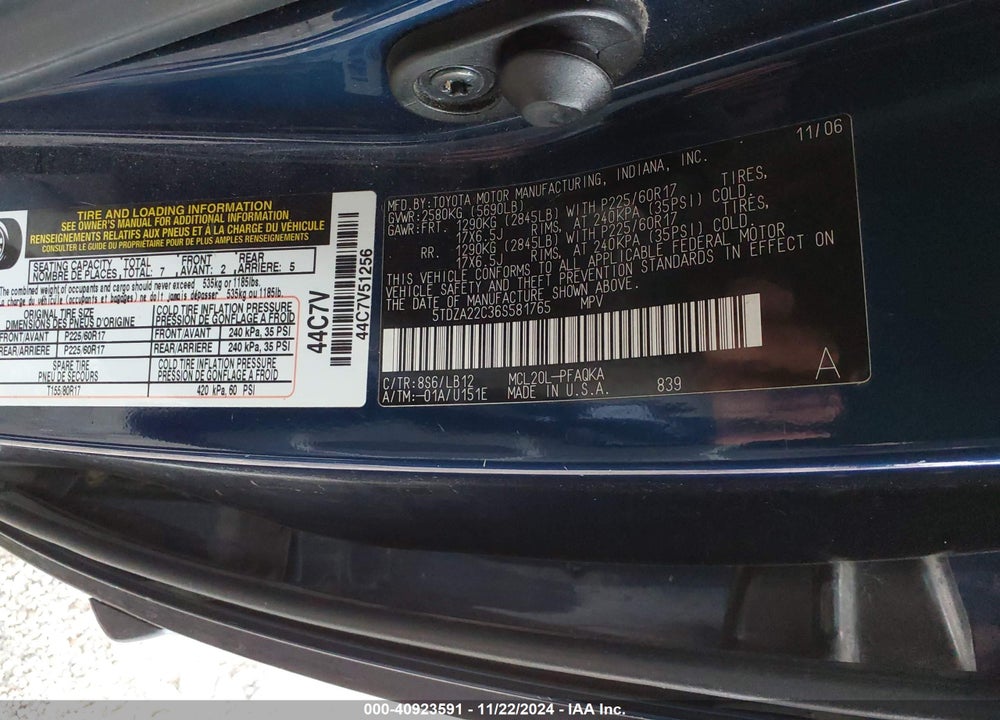 2006 TOYOTA SIENNA XLE VIN: 5TDZA22C36S581765
