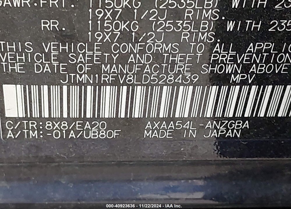 2020 TOYOTA RAV4 LIMITED VIN: JTMN1RFV8LD528439
