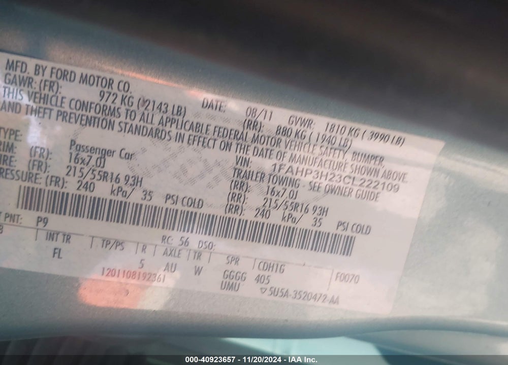 2012 FORD FOCUS SEL VIN: 1FAHP3H23CL222109