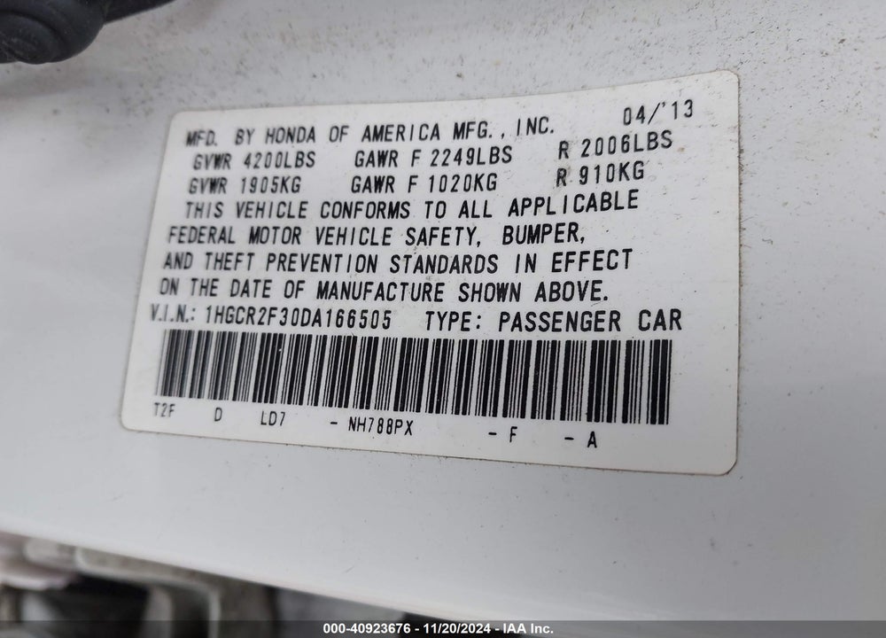 2013 HONDA ACCORD LX VIN: 1HGCR2F30DA166505