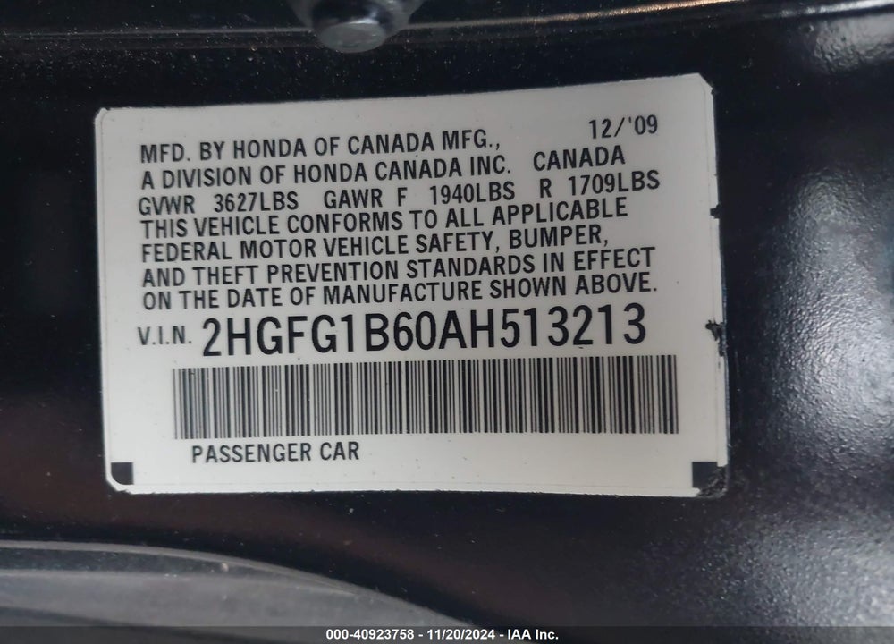 2010 HONDA CIVIC LX VIN: 2HGFG1B60AH513213