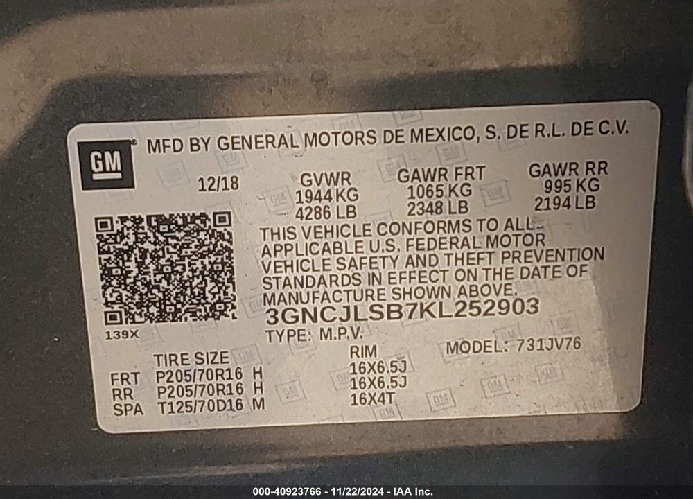 2019 CHEVROLET TRAX LT VIN: 3GNCJLSB7KL252903