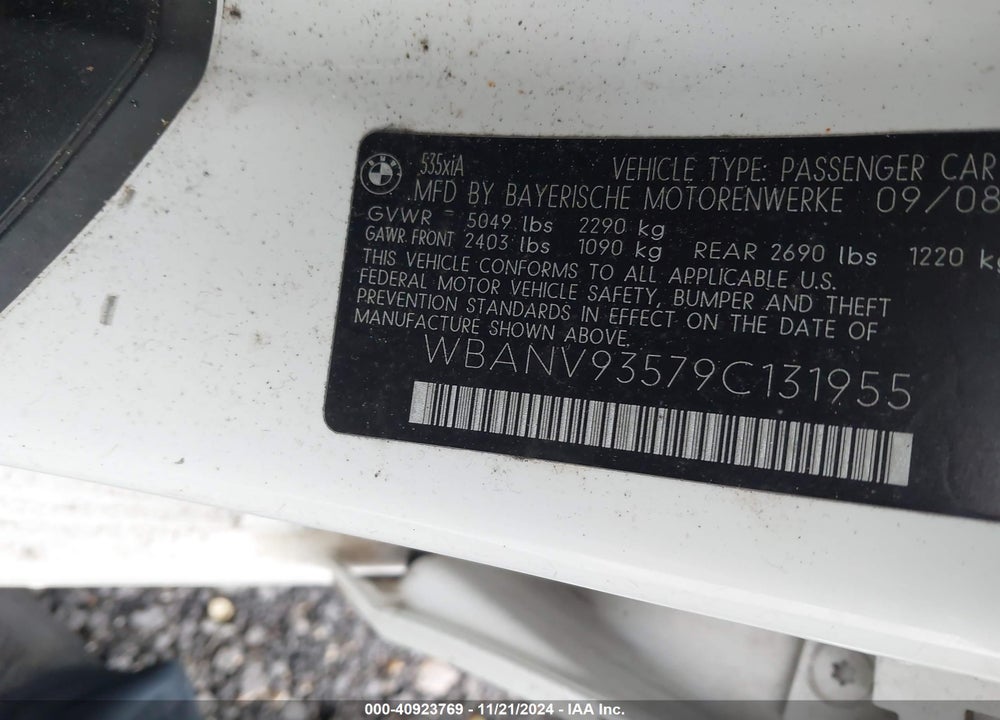 2009 BMW 535I XDRIVE VIN: WBANV93579C131955