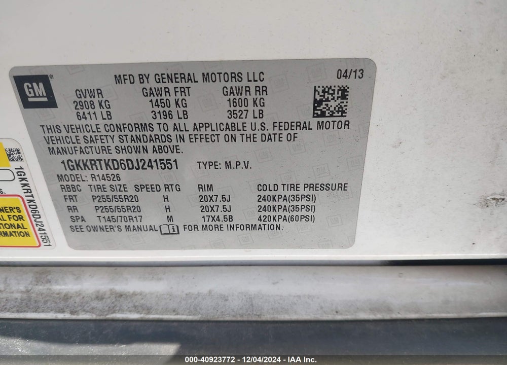 2013 GMC ACADIA DENALI VIN: 1GKKRTKD6DJ241551
