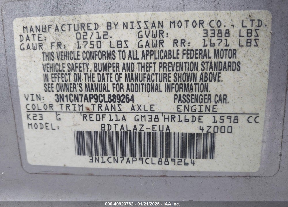 2012 NISSAN VERSA 1.6 S+ VIN: 3N1CN7AP9CL889264