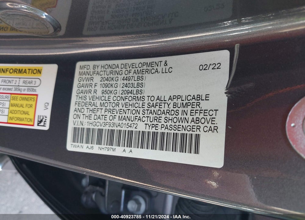 2022 HONDA ACCORD HYBRID TOURING VIN: 1HGCV3F93NA015472